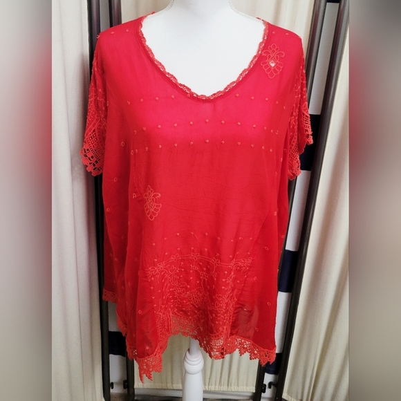 Johnny Was Tops - Johnny Was Red Lace Women's Blouse | Size Large